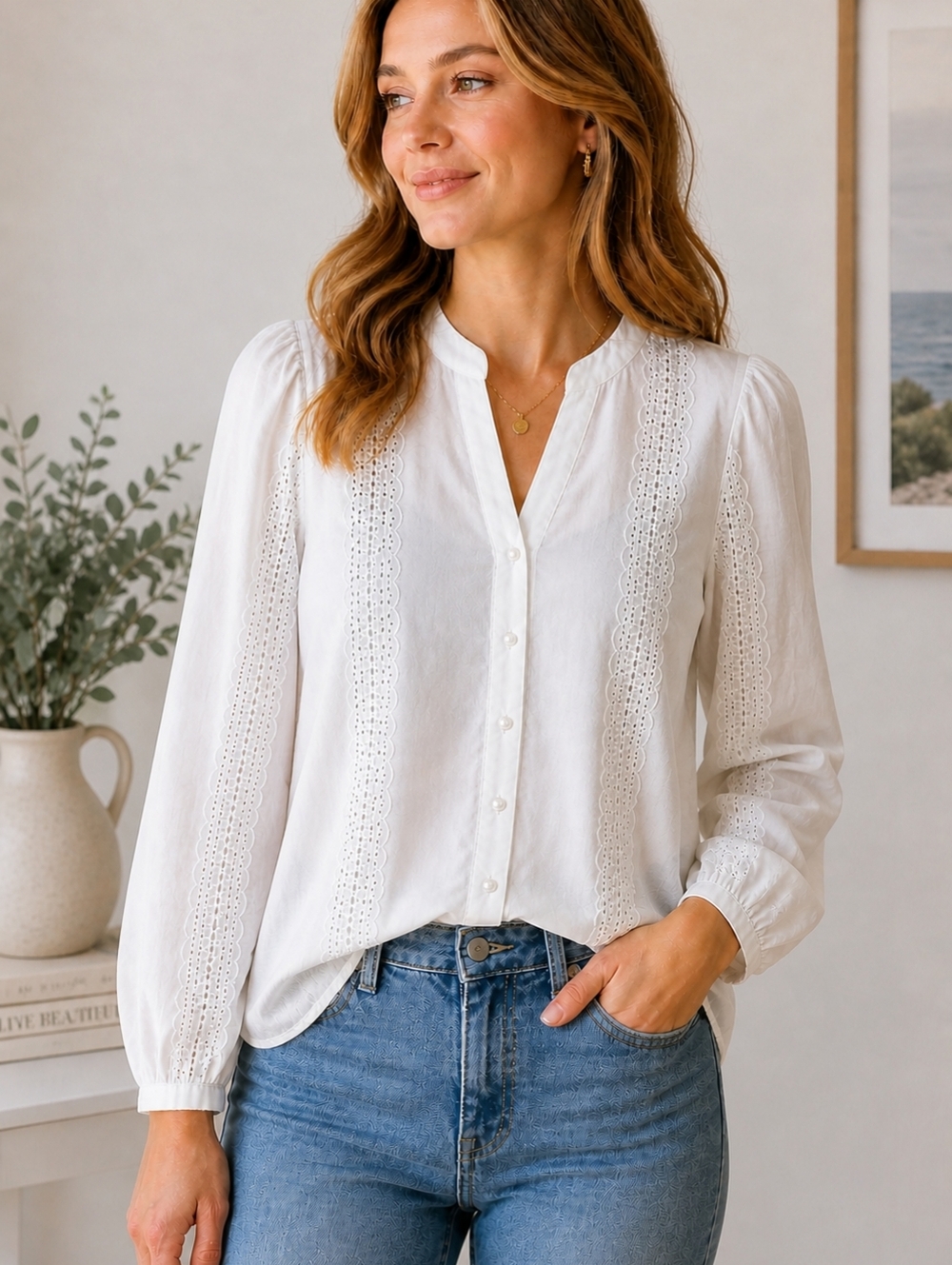 Indigo Rose White Eyelet Lace Blouse NWT Boho Cottagecore Split Neck Long Sleeve